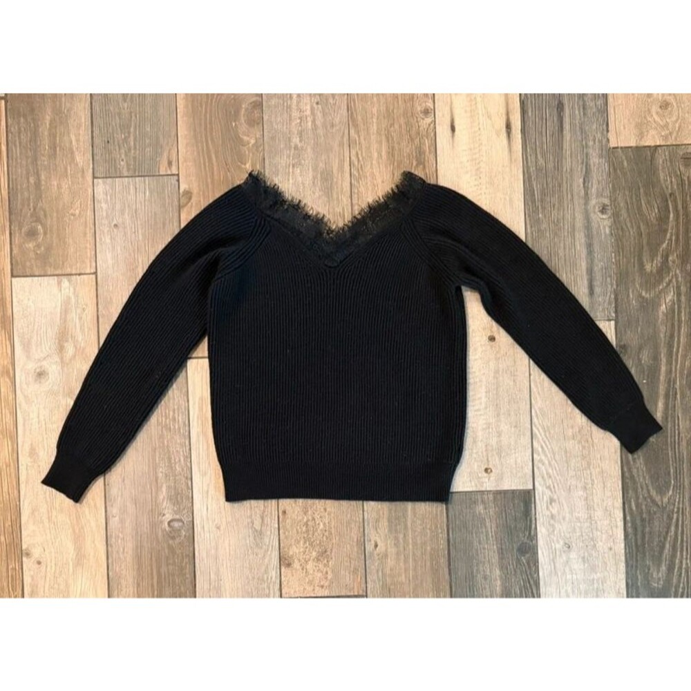 Lace Trimmed Black Ribbed Sweater Size S/M